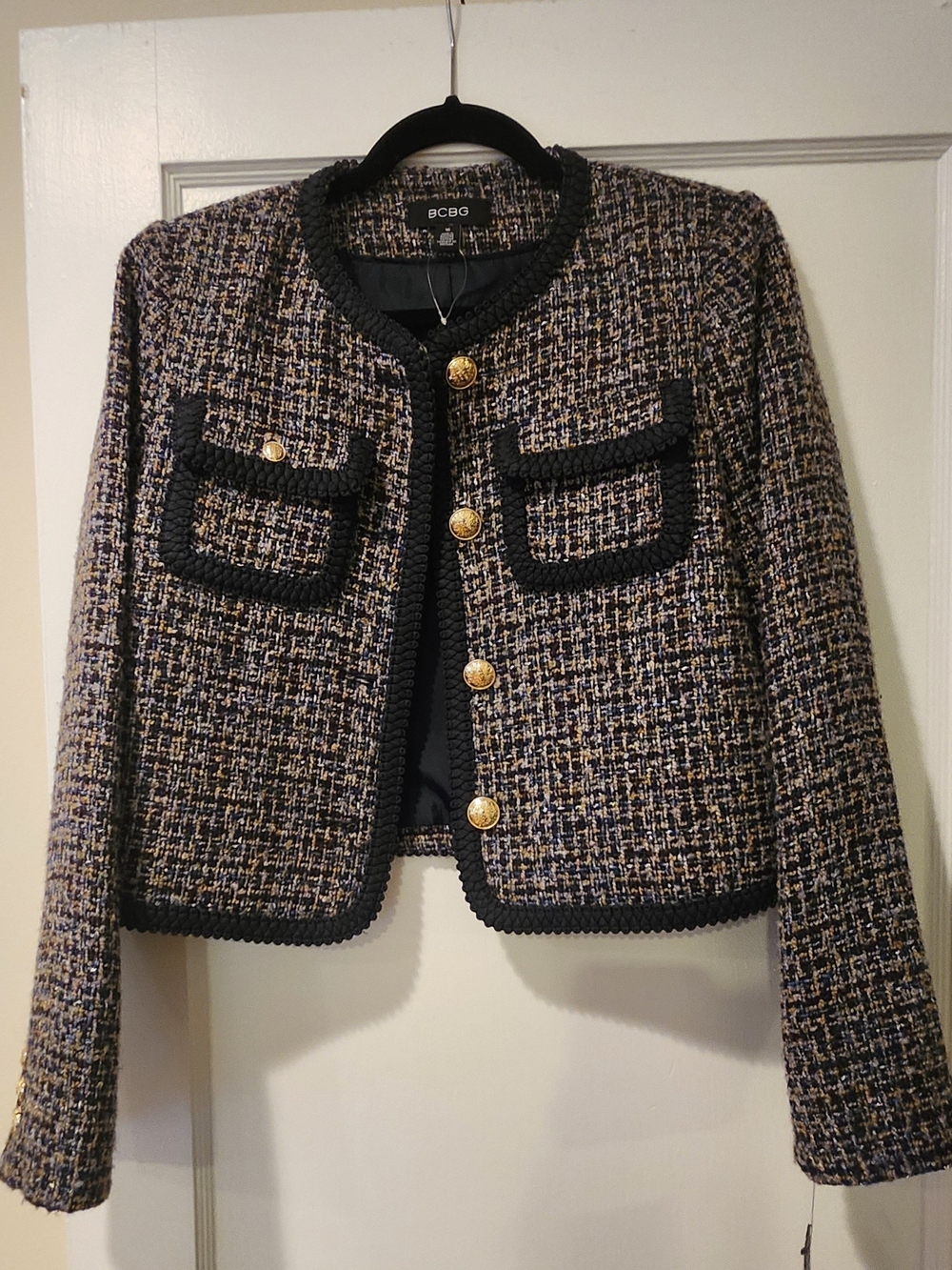 New Withe Tag-BCBG Multicolor Tweed Cropped Blazer with Black Trim